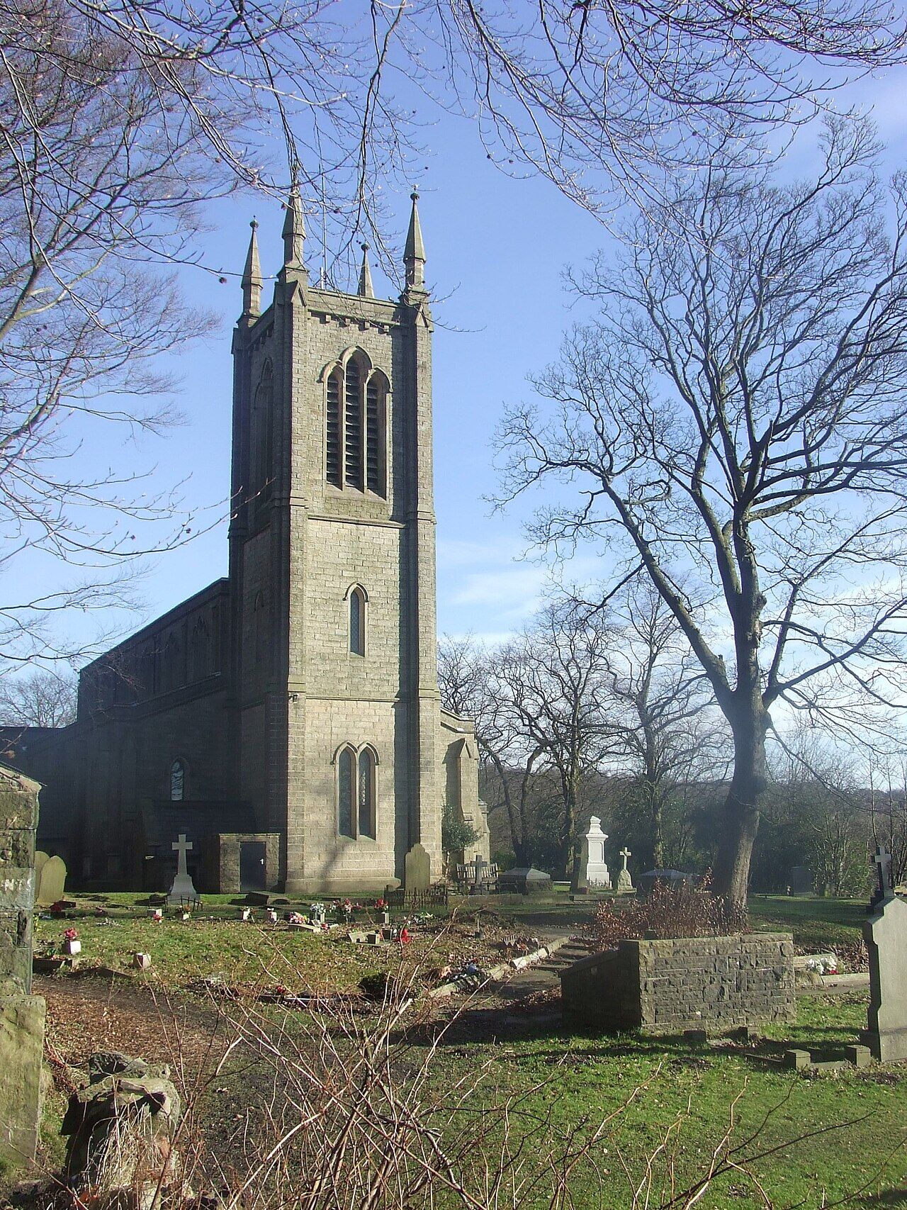 Christ Church parish church, Walmsley, Bolton, Greater Manchester, England, seen from the southwest on a cold, sunny winter's morning.